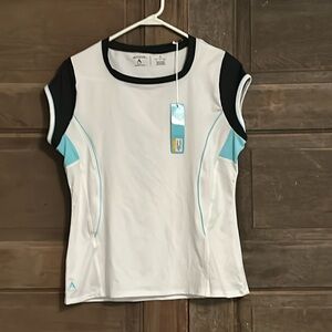 ANTIGUA DESERT DRY Womens Size Small White‎ Blue Top Cap Sleeve Tennis Stretch